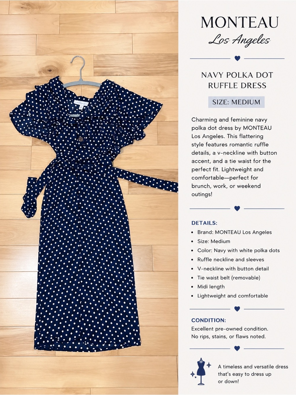 MONTEAU Los Angeles Navy Polka Dot Ruffle Midi Dress
